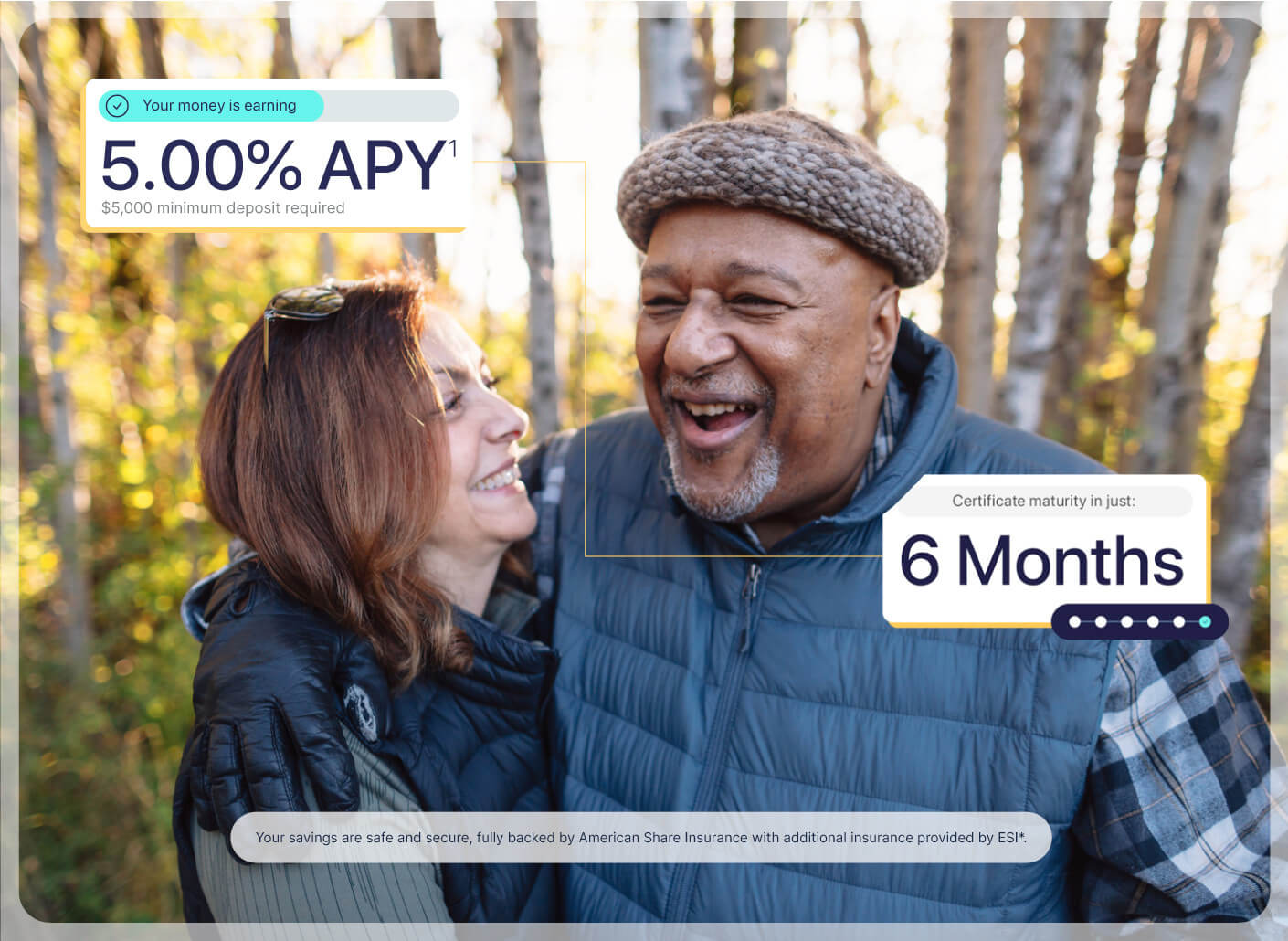 Your money is earning 5.00% APY ($5,000 minimum deposit required) | Certificate maturity in just 6 months [mobile]
